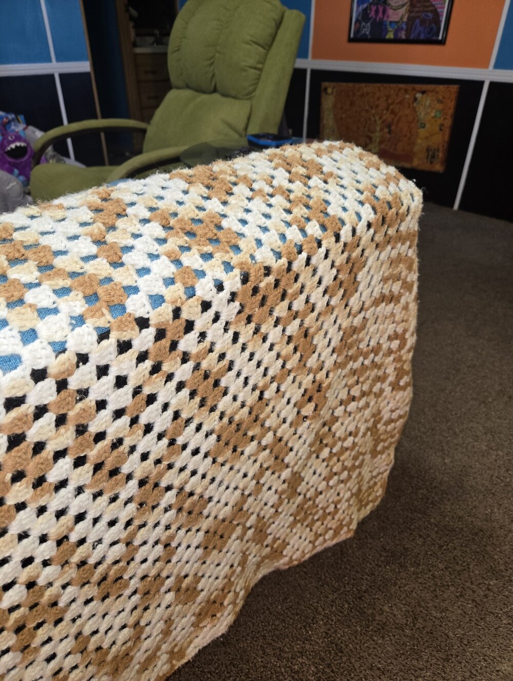 Handmade Crocheted Twin Size Blanket Large Throw Couch Blanket Soft Tan Cream